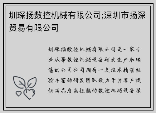 圳琛扬数控机械有限公司;深圳市扬深贸易有限公司